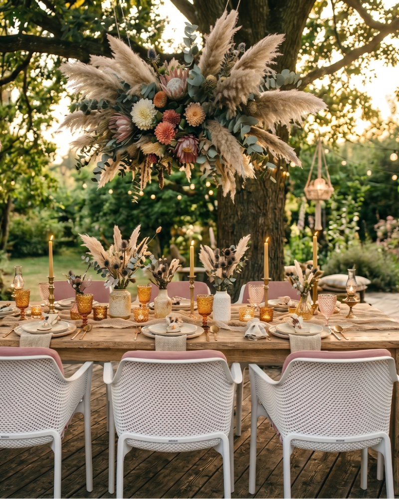 Tisch im Boho Stil abends im Garten dekoriert. Holztisch mit weißen Net Relax Stühlen mit rosa Polstern von Nardi. Leinensevietten Oslo 50x50cm von Lindhorst 1881. Üppige Blume bouquets von einem Baum über den Tisch abgehängt. Zusätzlich mit  Makrame abgehängte Laternen.