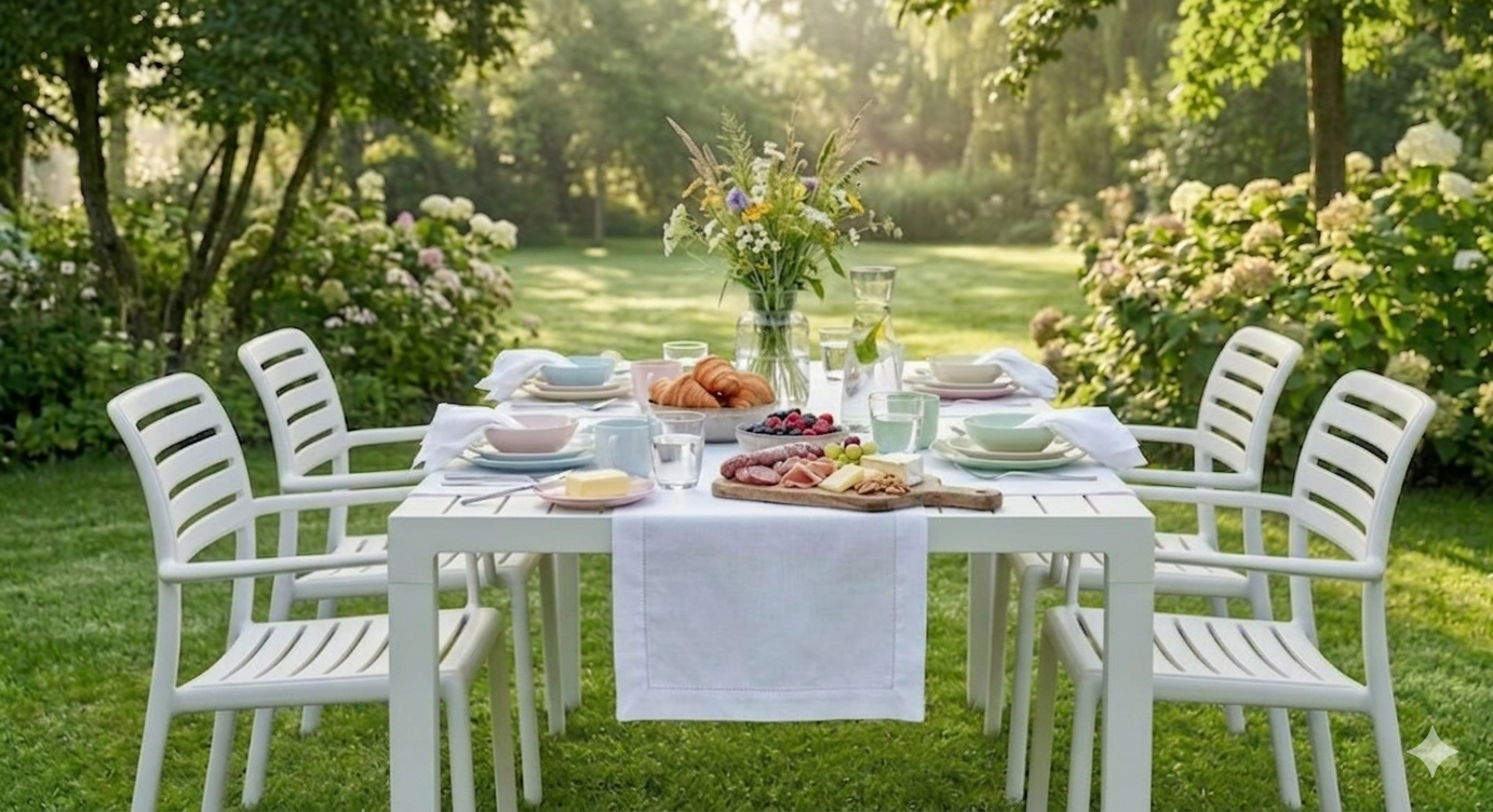 Weßer Frühstückstisch mit Blick in einen parkähnlichen Garten mit Hortensien und einer von vielen Sträuchern und Bäumen eingegrenzter großer Rasenfläche. Weiße Stühle und Tisch von Nardi,  weiße Tischläufer und Stoffservietten mit Hohlsaum von Lindhorst 1881.