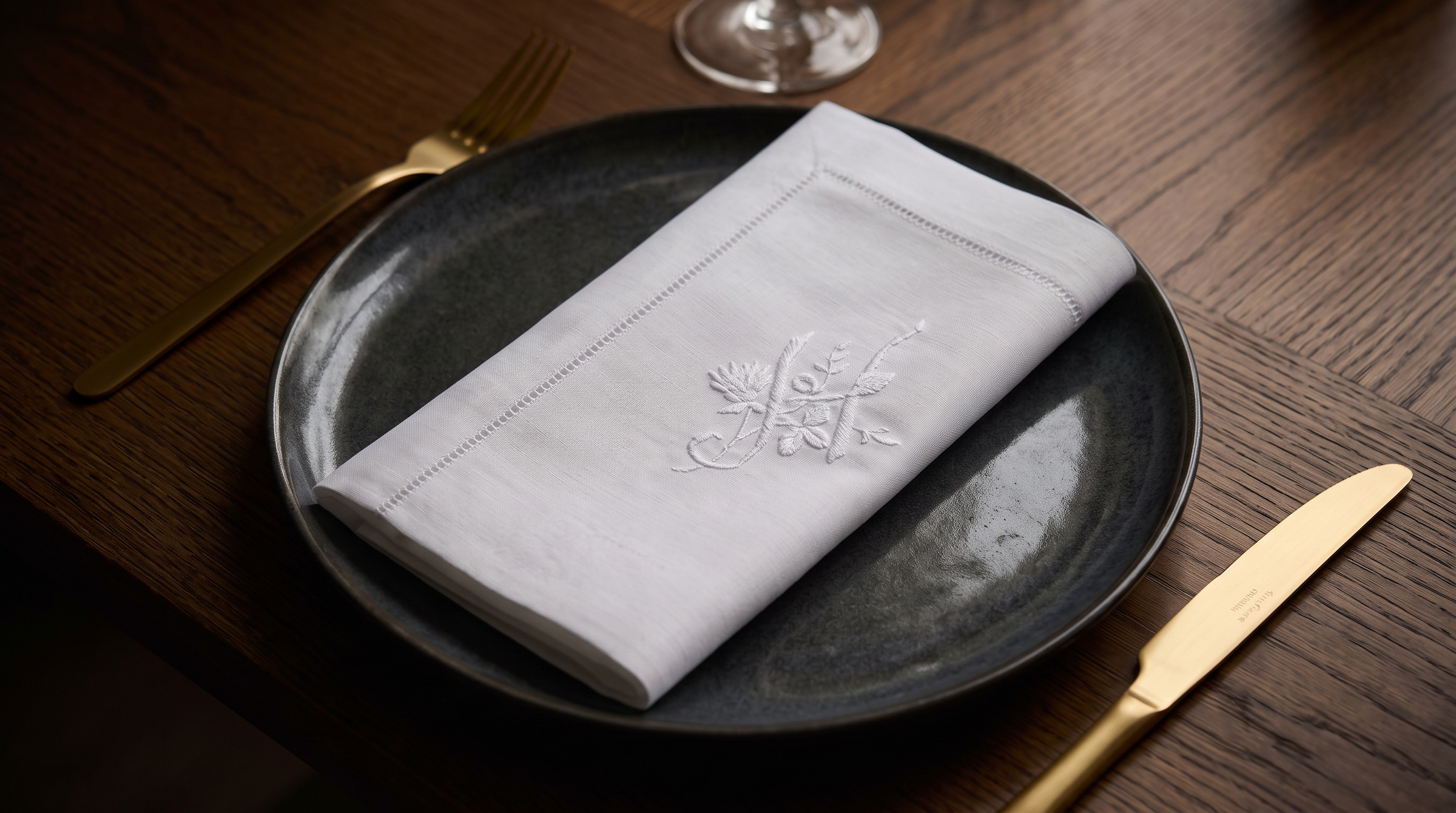 Monogramm Serviette auf einem Keramikteller auf Holztisch mit goldenem Besteck dekoriert.