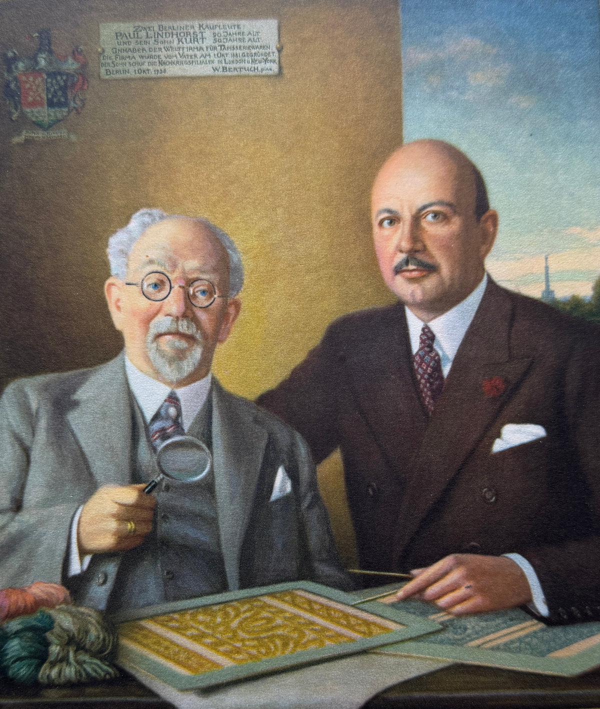 Das Gemälde von Paul und Kurt Lindhorst zeigt sie bei der Kontrolle der Qualität ihrer verarbeiteten Gobelin Wolle.