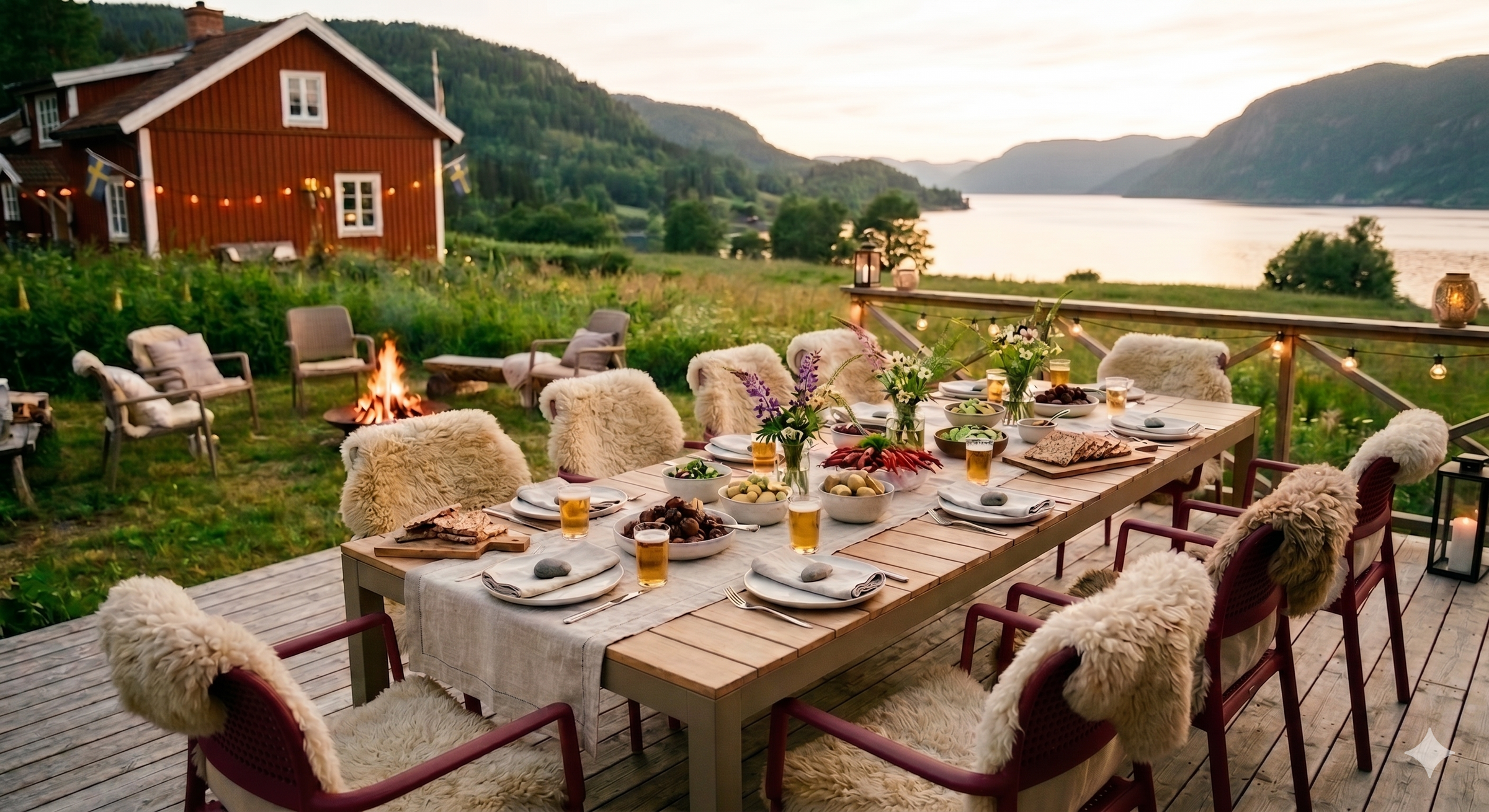 Skandinavisch gedeckter Tisch mit Sicht auf den See, Typisch rot gestrichenes Haus mit weißen Randbalken im Hintergrund und eine Lounge auf der Wiese mit Feuerschale.