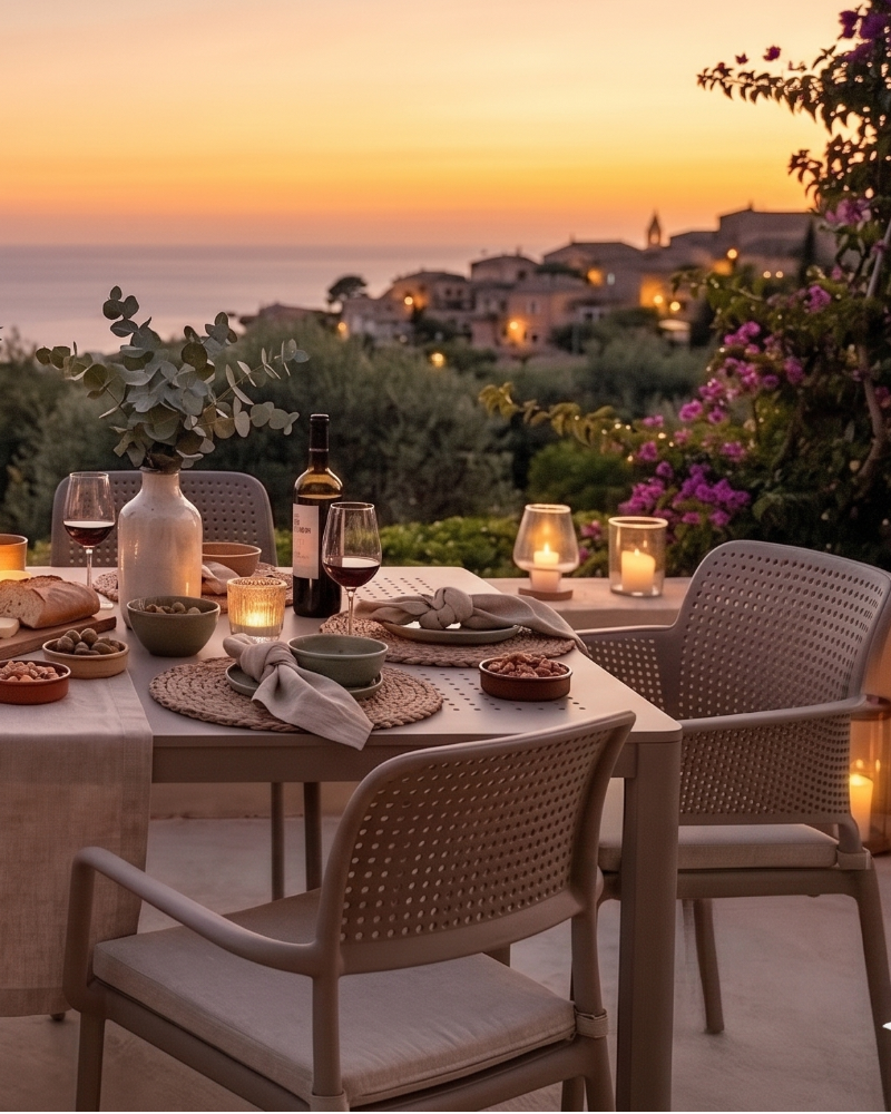 Für den Sonnenuntergang gedeckter Tisch am Hang mit Blick über eine mediteranne Meeresbucht. Iim Hintergrund Häuser am Meer. Tisch und Stühle von Nardi, Tischwäsche von Lindhorst 1881.