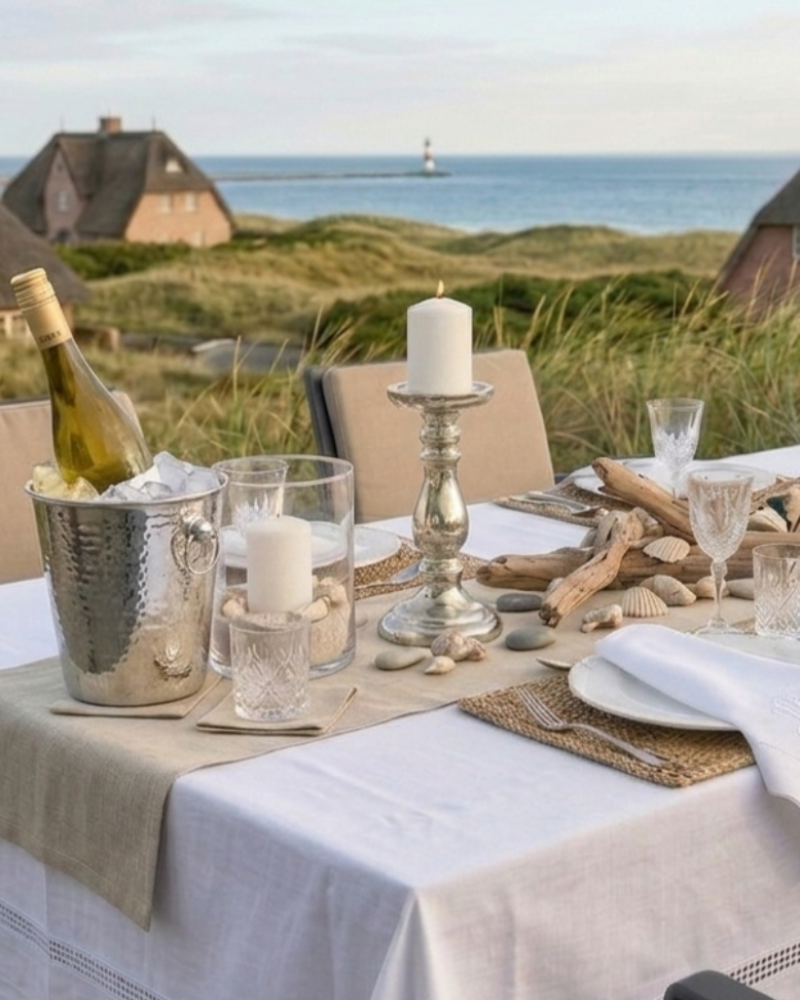 Gedeckter Tisch auf einer Terrasse in den Dünen mit Blick auf Reet gedeckte Häuser und das Meer. Große weiße Decke mit einem naturleinenen Tischläufer, Silberfarbenen Kerzenleuchtern, Stoffservietten, Wein und schöne Gläser runden ein gelungenes Bild ab. 