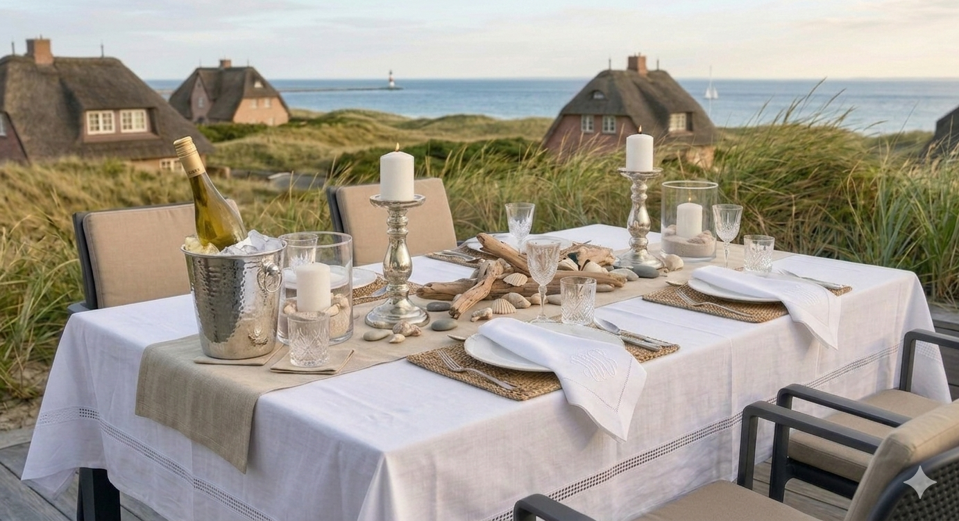 Auf einer Terrasse  in den Dünen ein gedeckter Tisch mit Stühlen von Nardi. Blick auf verstreute Reed gedeckte Häuser vor dem Wattenmeer. Tischwäsche von Lindhorst 1881, weiße Tischdecken und Servietten mit Hohlsaum und in der Mitte ein Läufer aus Naturleinen.