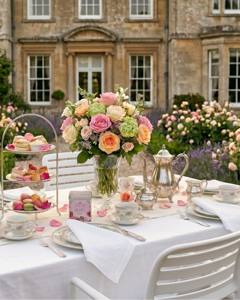 Gedeckter Tisch mit Rosen auf der Terrasse eines englischen Herrenhauses