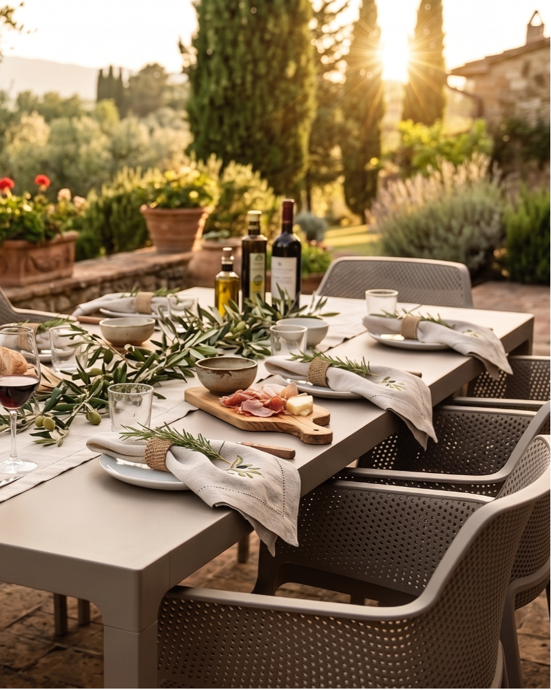 Gedeckter Tisch mit Oliven bestickten Servietten auf der Terrasse eines Hauses in der Toscana bei Sonnenuntergang.