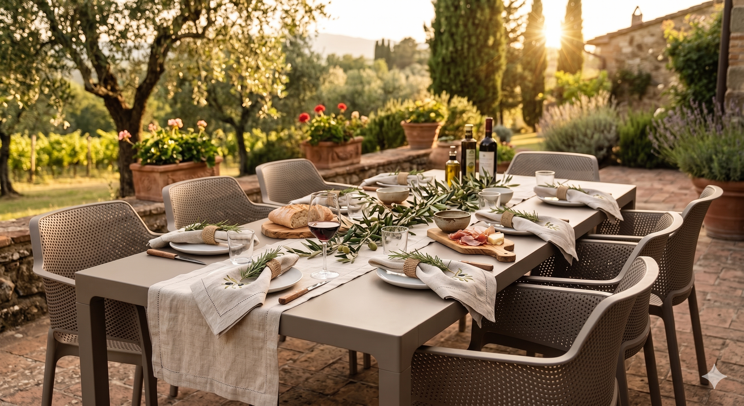Tisch gedeckt im Toscna Stil mit TischIäufern und Servietten aus Naturleinen mit Oliven bestickt.